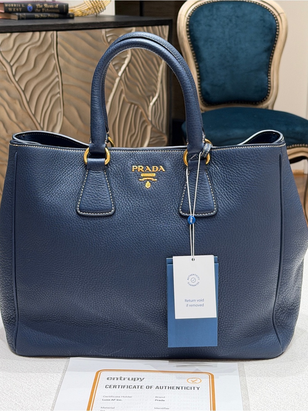 Prada Navy Blue Pebbled Leather Satchel with Gold Hardware